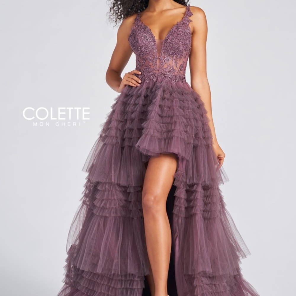 Colette for Mon Cheri purple embroidered tulle tiered high low gown